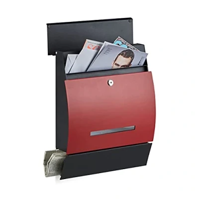 Image of Relaxdays Design Letterbox with Newspaper Slot, Powdercoated, HxWxD: 45 x 35 11 cm, Wall Mount Mailbox, Black Red