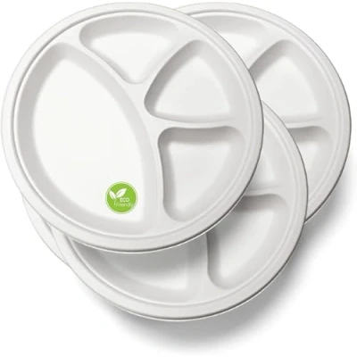 Image of LARGE Strong 4 COMPARTMENT Disposable Plates for LUNCH &amp; DINNER, 11&quot;/28cm 25pcs, Ecofriendly Plates, Microwave Safe Party HOT COLD Food, Sturdy