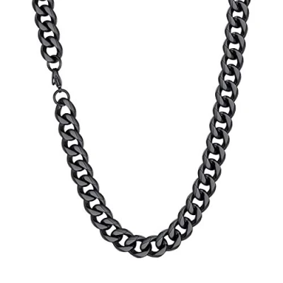 Image of Richsteel 12MM Wide Curb Chain Necklace with Curved Edges, Diamond Finish NK 1:1 Cuban Link Chain, 46CM(18&quot;) Length, Black Plated 316L Stainless Steel Jewelry, RN20035H 12 18