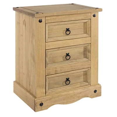 Image of Home Source Corona Distressed Waxed Pine 3 Drawer Bedside Nightstand