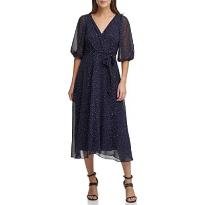 Image of DKNY Women&#039;s 3/4th Sleeve Faux Wrap Dress, Navy Dot, 8