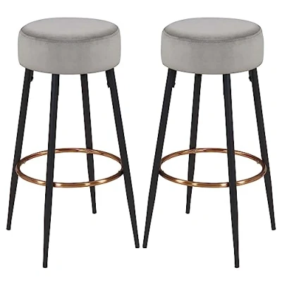 Image of DUHOME Set of 2 Bar Stools round Fabric Velvet Barstool Metal Legs Thick Upholstery Seat height 80 cm Colour Selection 5168A, colour:black, material:Velvet