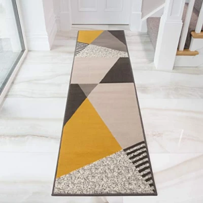 Image of Ochre Yellow Modern Bold Geometric Rug Grey Living Room Area Bedroom Floor Rugs Runner 60cm x 240cm