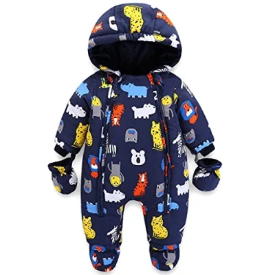 Image of JiAmy Baby Winter Hooded Romper Snowsuit with Gloves Booties Cotton Jumpsuit Outfits 9 12 Months
