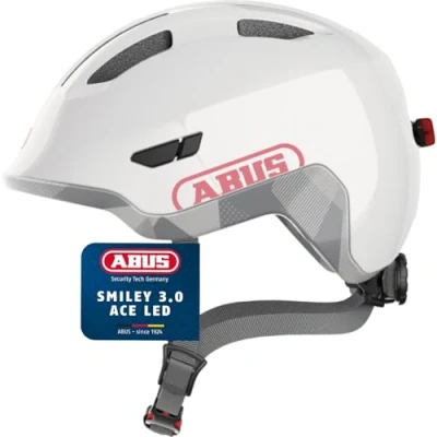 Image of ABUS Smiley 3.0 ACE LED kids helmet bike with light deep fit &amp; room for a ponytail girls and boys white, size S