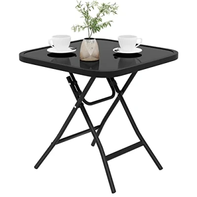 Image of eSituro Outdoor Side Table with Glass Top, Folding for Garden, Small Coffee Table, Garden Home Furniture, Black, 46x46x47.5cm Rectangle