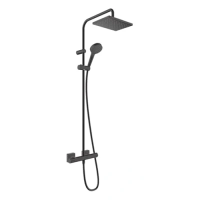Image of hansgrohe Vernis Shape water saving shower system (EcoSmart) with thermostat, rainfall head (230x170 mm), hand (2 sprays), hose, rail and square, matt black