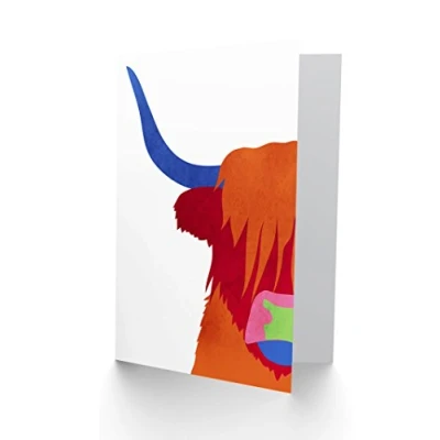 Image of Wee Blue Coo Bright Highland Scottish Cow Bull Colourful Greetings Card