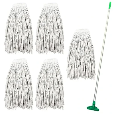 Image of Kentucky Mop Set, Colour Coded Industrial Includes x5 Head, x1 Solid Aluminium Handle &amp; Plastic Clip, Commercial Grade Heavy Duty for Cleaning Floors (Green)