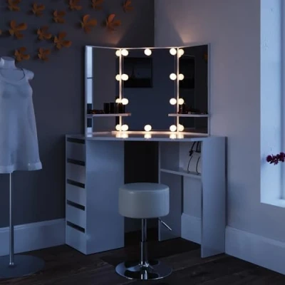Image of Vicco Corner vanity table Arielle, White, 110 cm with LED lighting and stool