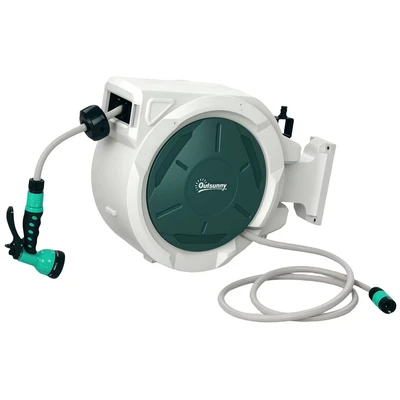 Image of Outsunny Retractable Hose Reel Wall Mounted, 20+2m Garden Pipe with Lock, Auto Rewind, 7 in 1 Spray Nozzle, Includes Fixings, 180 Swivel, Outdoor Watering, Light Grey
