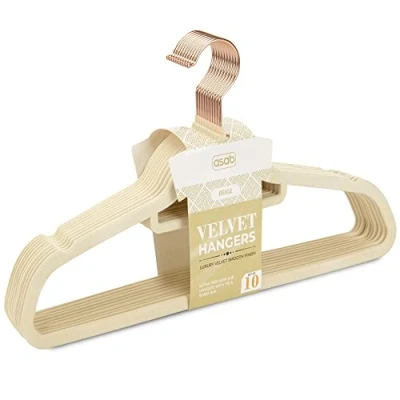 Image of ASAB Premium Non Slip Velvet Hangers Suit With Tie Bar Heavy Duty Wardrobe Organiser Space Saver Jackets Trousers Shirts Set (Beige Gold, 10 Hangers)
