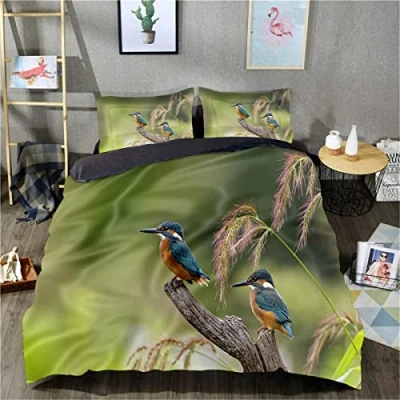 Image of 3D printed bed quilt cover Kingfisher Duvet Set Double Unisex Breathable Bedspread Bedding (Double size 200x200cm, 1 + 2 pillowcases)
