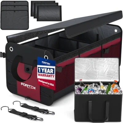 Image of FORTEM Car Boot Organiser, Tidy, Storage, Collapsible Multi Compartment Non Slip Bottom, Adjustable Securing Straps, Soft Cover (3 Compartments w/Cooler, Red)