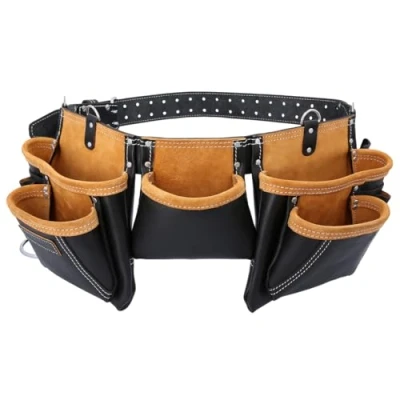 Image of TOUGH MASTER 11 Pocket Multi Storage Organiser Leather Work Tool Belt, Men/Women Apron Tape Holder, Hammer Loop Heavy Duty Pouch for Builders, Carpenter