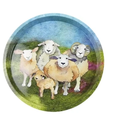 Image of Emma Ball Colourful Round Tin Tea/Drinks Tray Felted SHEEP Design 32 cm T239