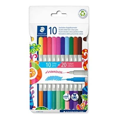 Image of STAEDTLER 3280 C10 Twin Colour, Double Ended Fibre Tip Pens 20 Assorted Colours (Pack of 10)