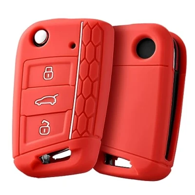 Image of OATSBASF Car Key Case for VW, Compatible with VW Golf 7 MK7，Silicone Case, Box Cover Polo, Skoda, Tiguan, 3 Buttons (G Red)