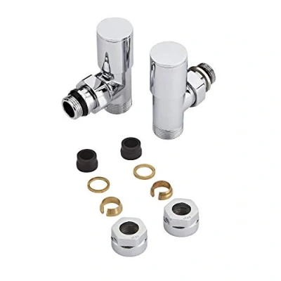 Image of Milano Modern Pair of Chrome Angled Heated Towel Rail Radiator Valves 15mm Copper Adapters