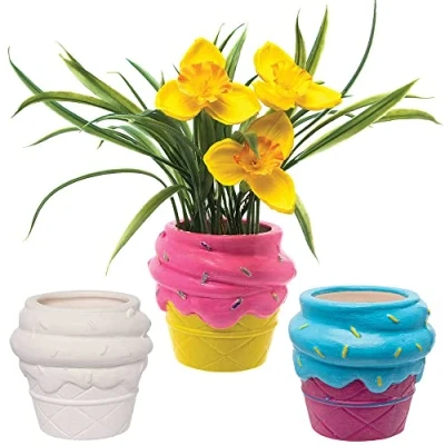 Image of Baker Ross FC790 Ice Cream Ceramic Flowerpots Box of 3, Craft Kits for Kids, Plant Pot Painting, Ceramics Crafts