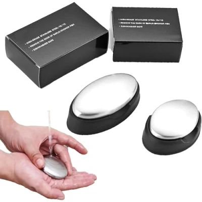 Image of DXIA 2Pcs Stainless Steel Soap, Odor Remover, Kitchen Bar Eliminating Smell, Newness Hand Eliminator Remover with Base Tray for