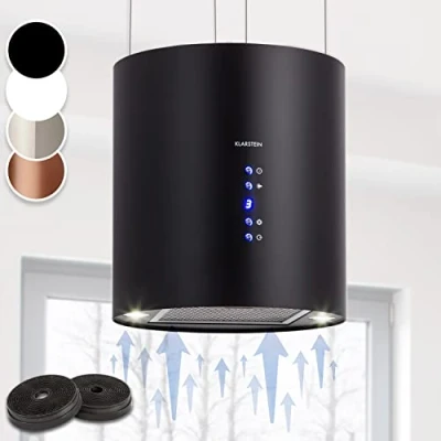 Image of Klarstein Hanging Island Cooker Hood, Extractor Fan for Kitchen Islands, 558m3/h Airflow, Timer, Adjustable w/Chandelier Design, 3 Mode Hoods, Activated Carbon Filters