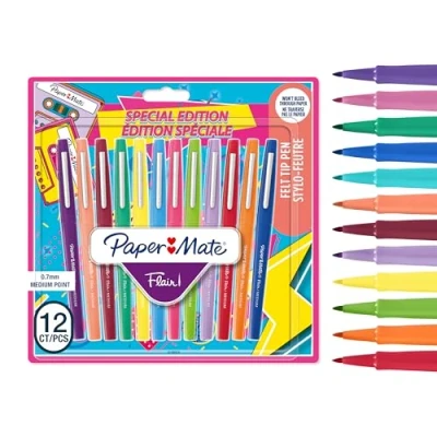 Image of Paper Mate Flair Felt Tip Pens Medium Point (0.7 mm) Marker Assorted Retro Colouring For Kids &amp; Adult Colouring, Journalling More 12 Count