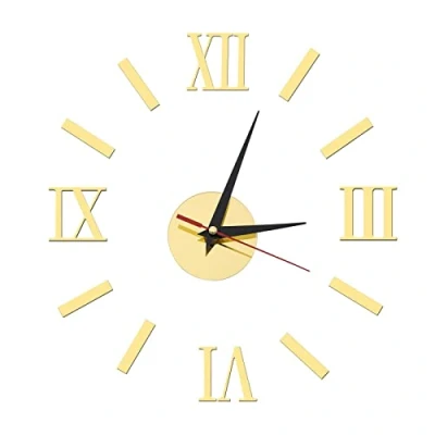 Image of OTOTEC Roman Numerals Sticker Wall Clock Modern 3D Mirror Frameless Large Acrylic Decoration for Home Office Living Room Bedroom Gold