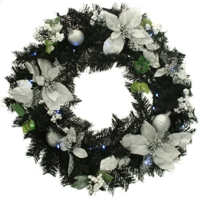 Image of WeRChristmas Pre Lit Decorated Wreath Illuminated with 20 Cool White LED Lights, 60 cm Black/Silver