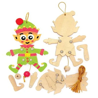 Image of Baker Ross FE966 Christmas Elf Wooden Puppet Pack of 5, Make Your Own Puppets, Puppets for Kids, Crafts Kids to Assemble and Decorate
