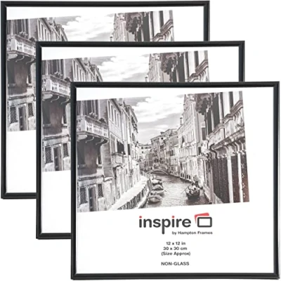 Image of Hampton Frames BACKLOADER 12x12 (30x30cm) Black Picture Poster Photo Certificate Display Frame 3 PACK Acrylic (Non Glass) Front BLR1212BKPX 3PK