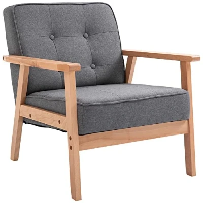 Image of HOMCOM Armchair, Linen Accent Chair, Occasional Chair with Rubber Wood Frame for Living Room, Reception, Bedroom, Balcony, Grey and Natural