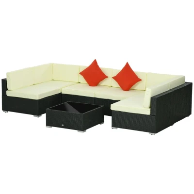 Image of Outsunny 7 Pieces PE Rattan Garden Furniture Set with Thick Padded Cushion, Patio Corner Sofa Sets Glass Coffee Table and Pillows, Buckle Structure, Black