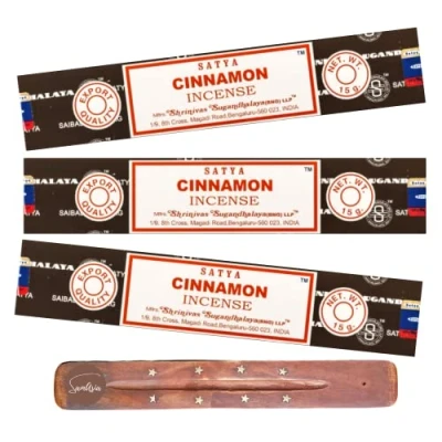 Image of Satya Nag Champa Cinnamon incense sticks 3 pack with SAMASIA holder Used for Aromatherapy, Spa, Yoga, Weddings, Meditation, Healing, Positivity and Relaxation