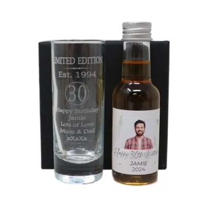 Image of Laser Engraved Est 1994 30th Birthday Shot Glass Set with Personalised Photo Miniature Alcohol Bottle Gift for Son or Daughter Men&#039;s (Spiced Rum/No Box) 35% vol