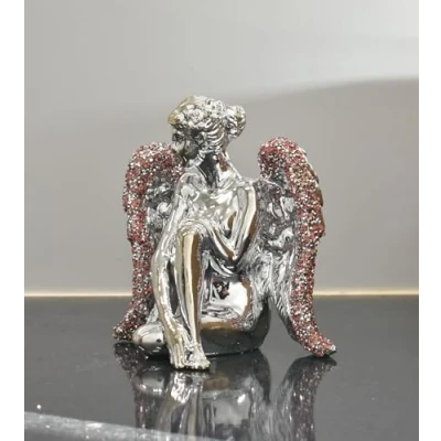 Image of Deenz Sitting Angel With Wide Wings Crushed Ornament Sparkle Diamond For Gift Beautiful Decorative (Pink)