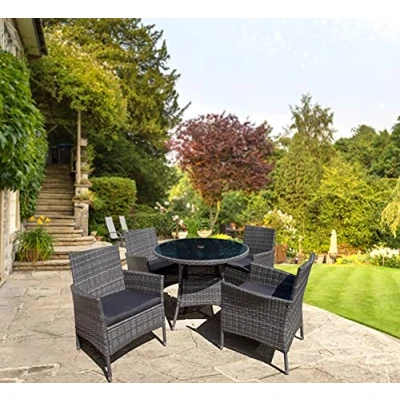 Image of 4 Seater Rattan Garden Furniture Dining Set 5 Piece Indoor, Outdoor, Patio, Conservatory Armchairs &amp; Round Parasol/umbrella Table (Dark Grey Mixed With Dark Cushions) RAIN COVER INCLUDED