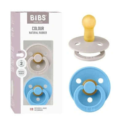 Image of BIBS Colour Pacifier 2 Pack, BPA Free Dummy Binky, Round Nipple. Natural Rubber Latex, Made in Denmark, Size (6 18 Months), Mushroom/Breeze