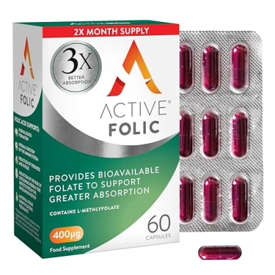 Image of Active Folic Acid for Pregnancy Fights Tiredness &amp; Fatigue Vegan Supplement Containing L Methylfolate 60 Capsules