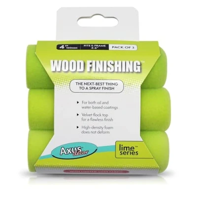 Image of Axus Decor Wood Finish Roller Sleeve 4 Inch/100mm, Pack of 3 Mini Sleeves, High Quality Foam, for Professional &amp; DIY Projects, Compatible with Solvent Water Based Paints, Lime