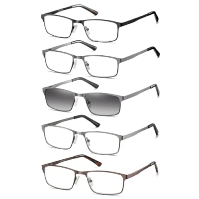 Image of EYECEDAR 5 Pack Reading Glasses Men Stainless Steel Frame Metal Spring Hinges Rectangular Style Readers 2.50