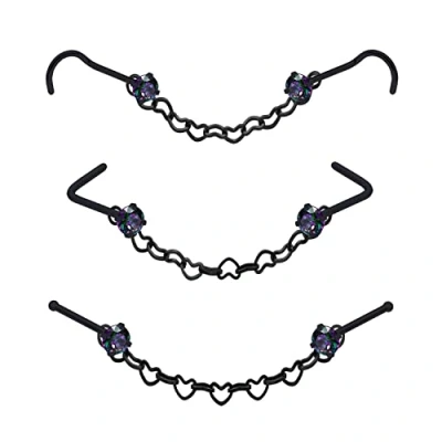 Image of Nose Ring Chain Across Black Stainless Steel Nostril Piercing with Cubic Zirconia Screw Bone LShaped for Women Body Jewelry Bridge Chain,
