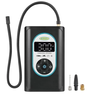 Image of Ring Automotive RTC4000 cordless tyre inflator air compressor car pump. Rechargeable, auto stop, LED light, digital screen, memory function, case and adaptor kit