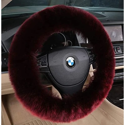 Image of Andalus Luxurious Australian Sheepskin Long Wool Fuzzy Steering Wheel Cover, Anti Slip 15 Inch Fluffy Cover Offers a Plush Feel, Eco Friendly (Dark Red)