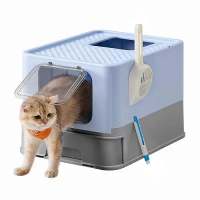 Image of Feandrea Hidden Cat Litter Box, Tray with Hood, Slide Out Tray, Scoop, Brush, Spacious for Large Cats, Max. Load 15 kg, Anti Tracking, Leaking, Pale Blue and Dove Grey PPT001Q01