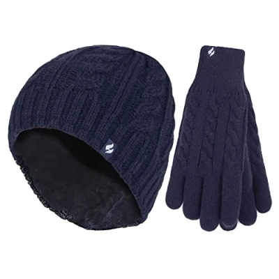 Image of HEAT HOLDERS Ladies Thermal Winter Outdoor Fleece Insulated Hat and Gloves Set in 7 Colours (M L, Navy)