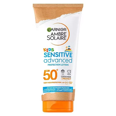Image of Garnier Ambre Solaire SPF 50+ Sensitive Advanced Kids Sun Cream, High Protection Against UVA &amp; UVB, Non Sticky Water Resistant Sunscreen, for Face Body, Approved by Cruelty Free International, 175ml
