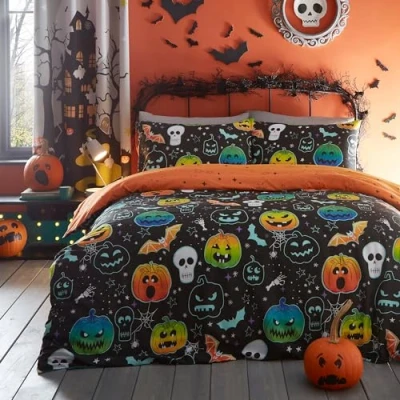 Image of Bedlam Halloween Pumpkin &amp; Skulls Duvet Cover Single Bedding Size (140 x 200cm) Reversible (2 Designs) Glow in the Dark Skeleton Bat Black Decorations