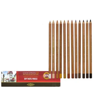 Image of Gioconda KOH I NOOR Soft Pastel Pencils Colours Brown Tones + White Black Pack of 12 Chalk Pens Pastels Set
