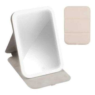 Image of Travel Makeup Mirror Portable LED Light up 360 Lighted Vanity Touch Screen Make with 3 Color Dimmable Lighting Rechargeable Tabletop Folding Cosmetic (Cream)
